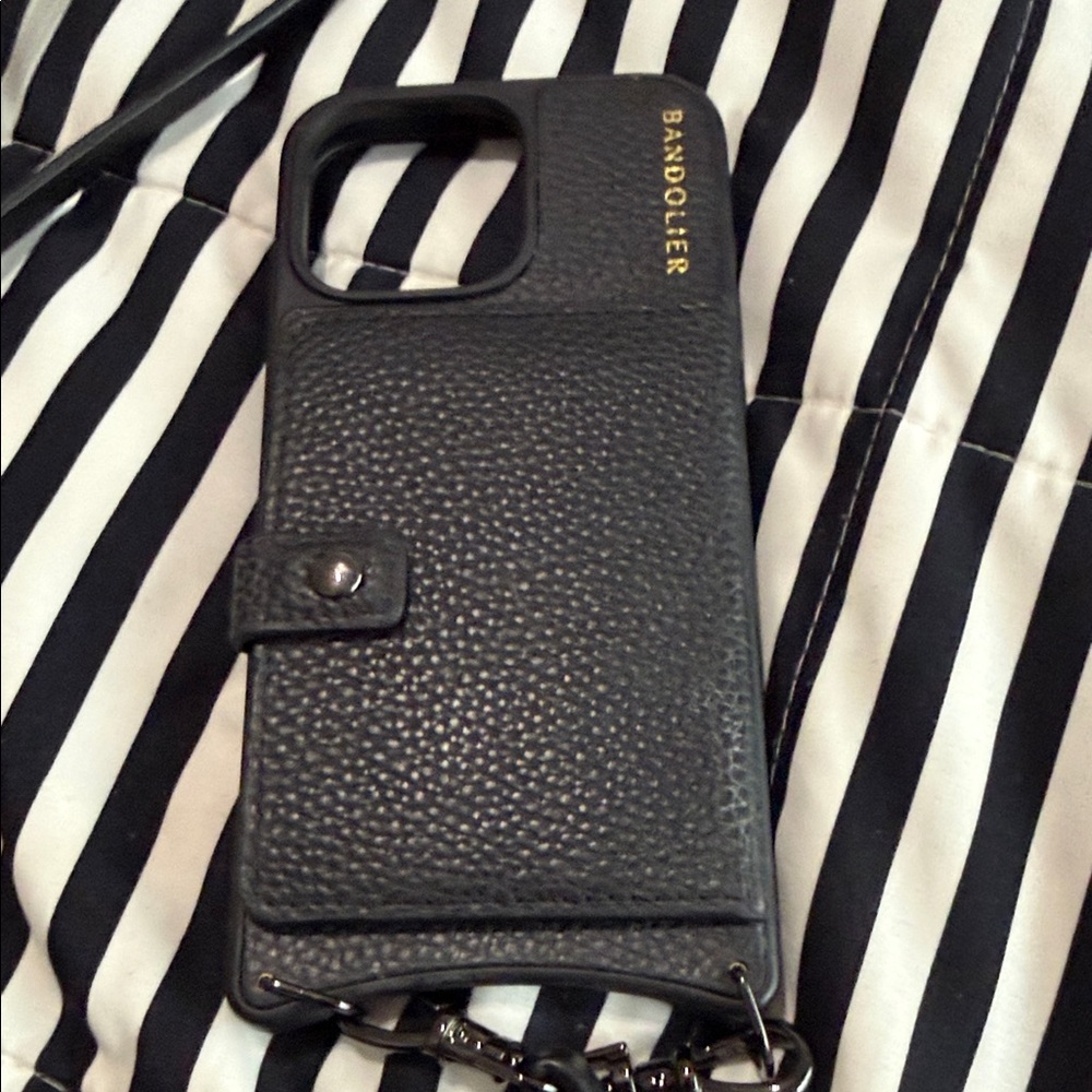 Bandolier Mika MagSafe Black Pebbled Leather Phone Case 16 ProMax—pewter finding